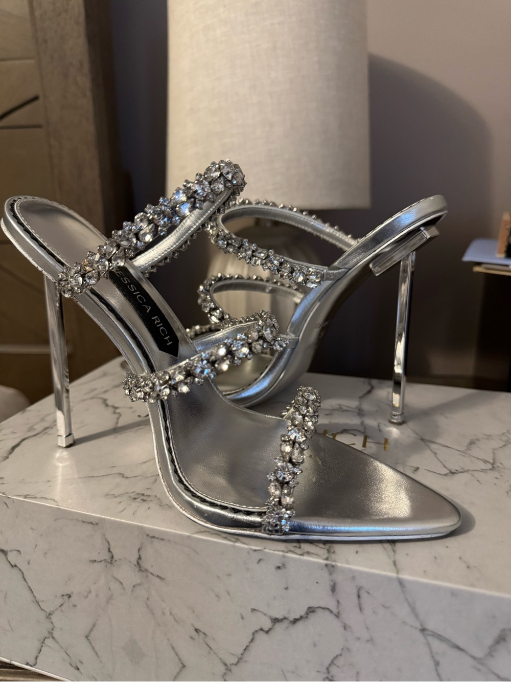 Jessica Rich Silver Crystal-Strap Stiletto Sandals